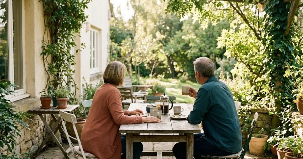 An older couple having morning coffee at a wooden table in a leafy garden