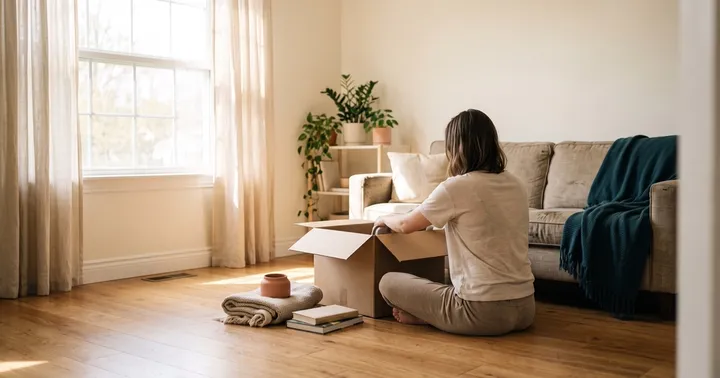 A woman sitting on a sunlit living room floor, sorting things into an open cardboard box