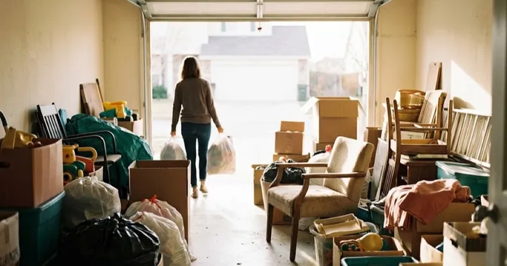 A woman carrying bags out of a cluttered garage towards the bright open door