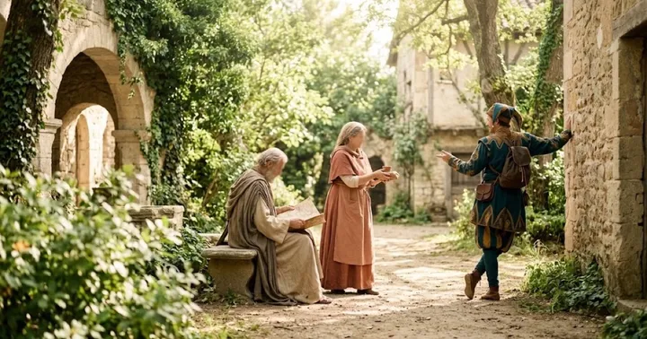 A sage reading, a caregiver offering a cup and a jester-like adventurer meeting in a sunlit medieval garden